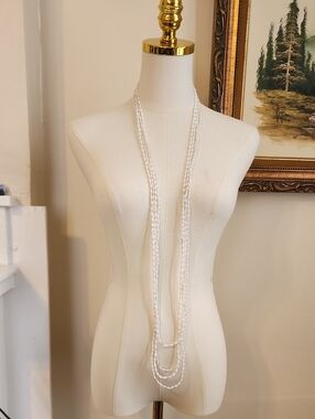 White Multi Strand Beaded Necklace Long Layered Statement Necklace